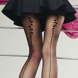 Black pinstripe leaf floral gothic burlesque cabaret stocking backseam pantyhose